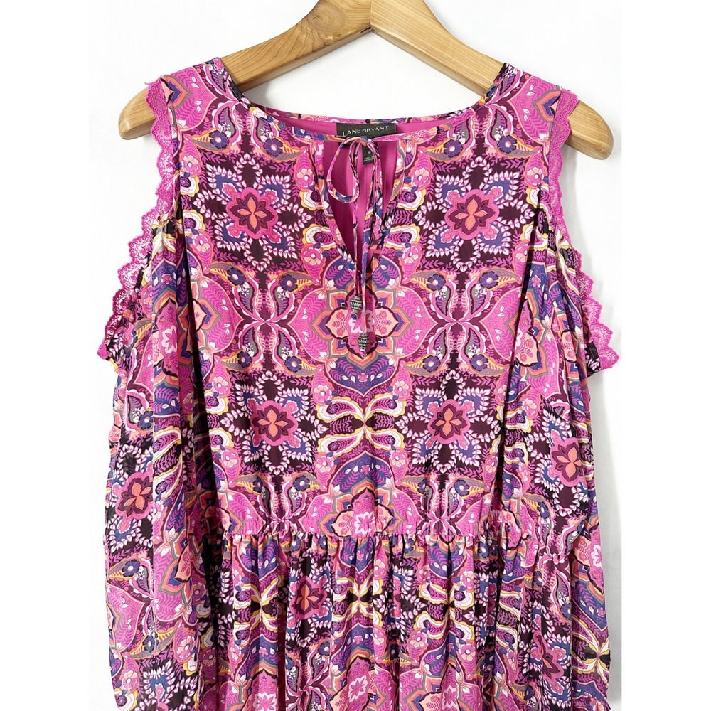 Lane Bryant Cold Shoulder Lace Trim Pink Paisley Maxi Dress Women's Size 18 - Picture 5 of 13